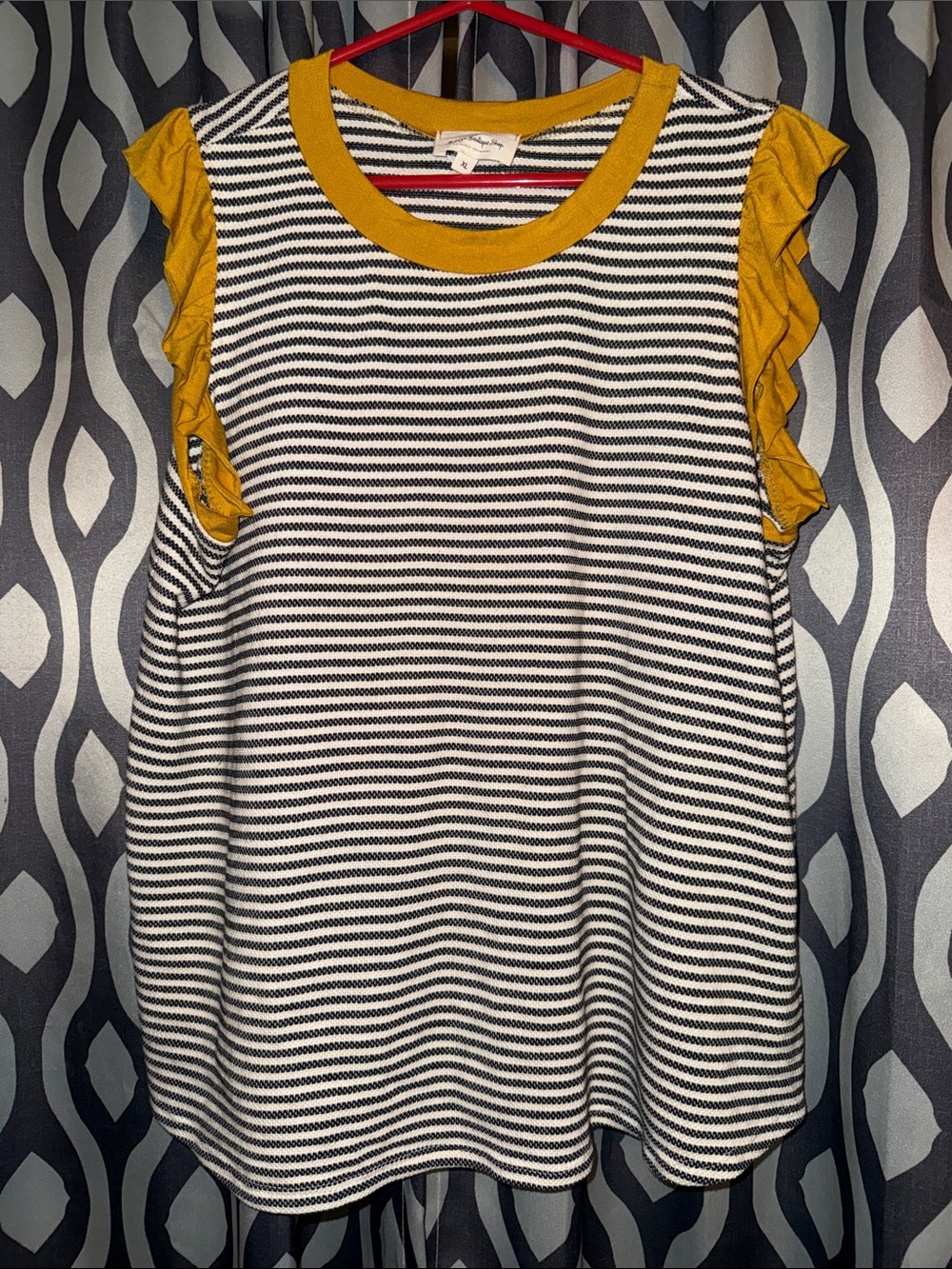 Black & White Striped Sleeveless Tank with Mustard Ruffle Trim